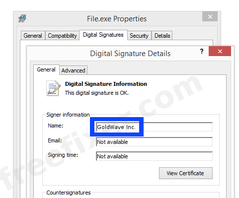 Screenshot of the GoldWave Inc. certificate